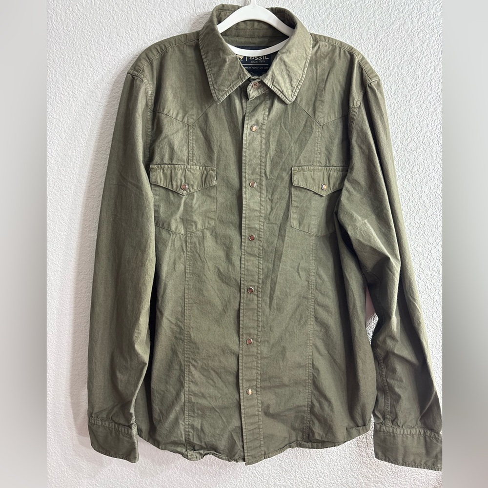 Fossil Olive Green Pearl Snap Button Down Western Cowboy Shirt Men XL Rodeo